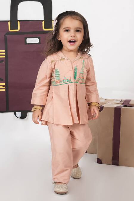 Shop_Little Brats_Pink Cotton, Silk Embroidery Onion Travel Theme Cord Set _Online_at_Aza_Fashions