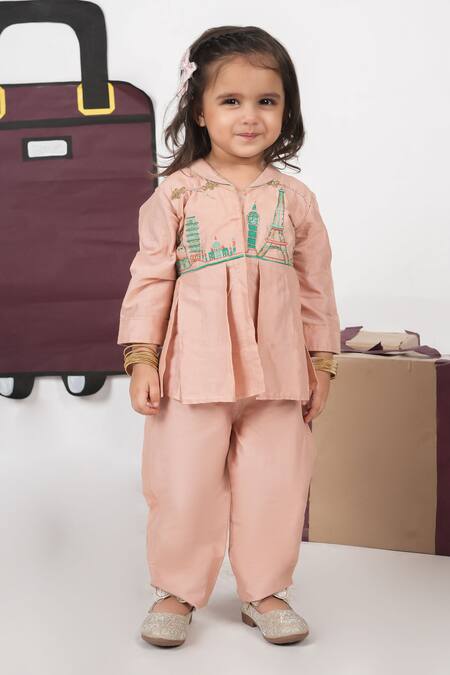 Buy_Little Brats_Pink Cotton, Silk Embroidery Onion Travel Theme Cord Set 