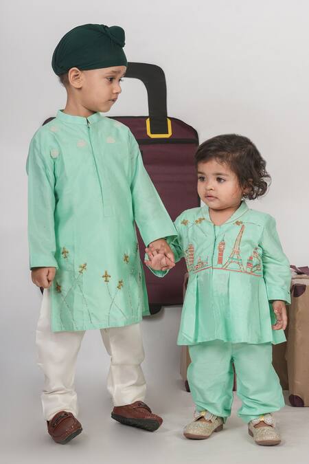 Little Brats_Mint Cotton, Silk Embroidery Green Travel Theme Cord Set _Online_at_Aza_Fashions