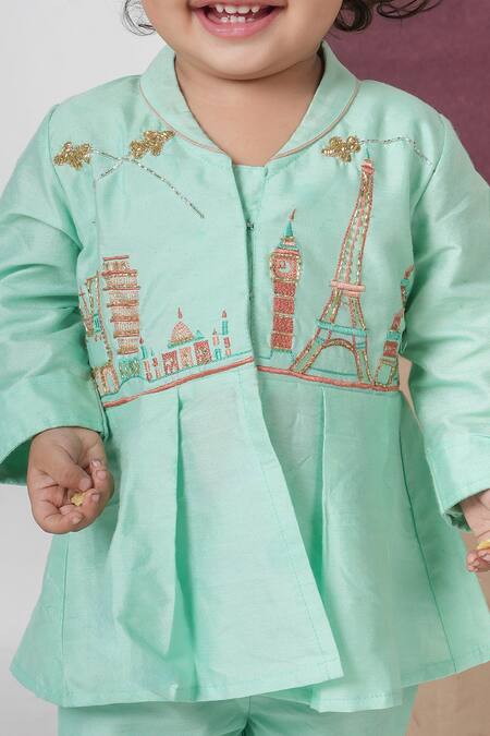 Buy_Little Brats_Mint Cotton, Silk Embroidery Green Travel Theme Cord Set _Online_at_Aza_Fashions