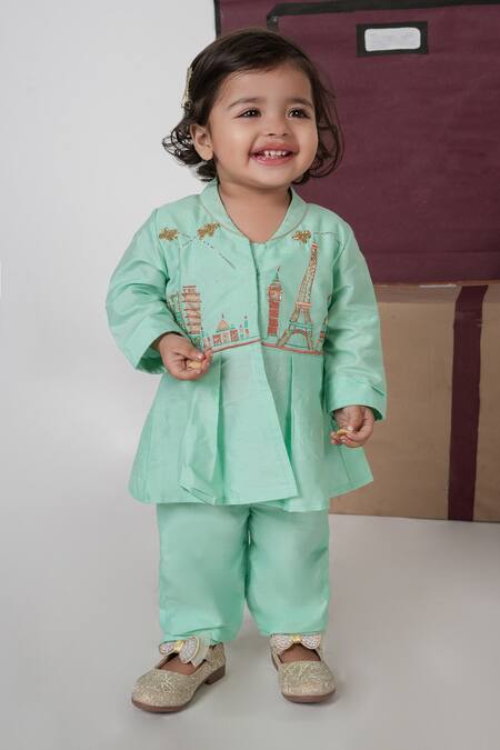 Shop_Little Brats_Mint Cotton, Silk Embroidery Green Travel Theme Cord Set _Online_at_Aza_Fashions
