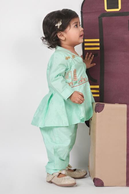 Little Brats_Mint Cotton, Silk Embroidery Green Travel Theme Cord Set _at_Aza_Fashions