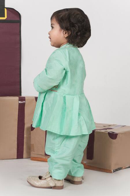 Buy_Little Brats_Mint Cotton, Silk Embroidery Green Travel Theme Cord Set 