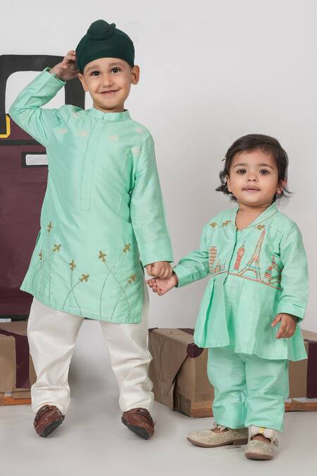Shop_Little Brats_Mint Cotton, Silk Embroidery Green Travel Theme Cord Set 