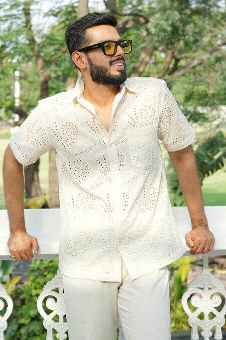 RAAS LIFE_Cream Cotton Cut Work Leaf Embroidered Shirt _Online_at_Aza_Fashions
