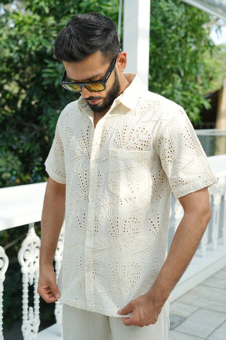Buy_RAAS LIFE_Cream Cotton Cut Work Leaf Embroidered Shirt _Online_at_Aza_Fashions