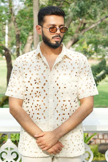 Raas Life Cream Cotton Cut Work Hexagon Embroidered Shirt 
