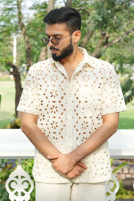 Shop_RAAS LIFE_Cream Cotton Cut Work Hexagon Embroidered Shirt _Online_at_Aza_Fashions