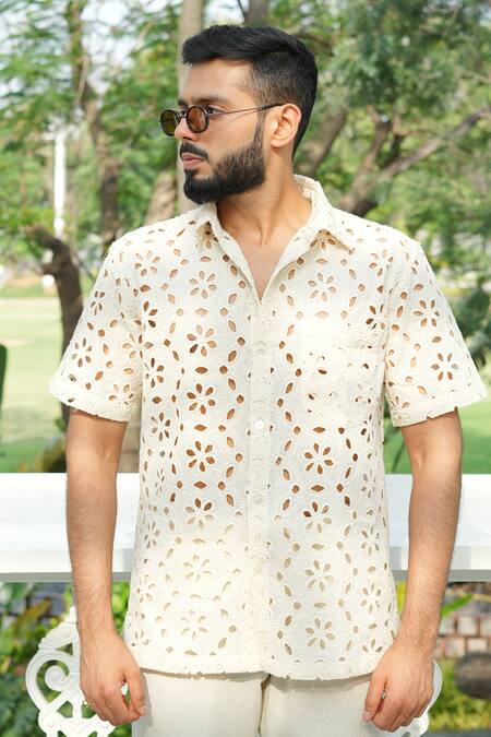 RAAS LIFE_Cream Cotton Cut Work Hexagon Embroidered Shirt _at_Aza_Fashions