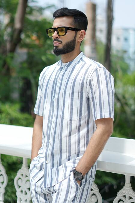 Shop_RAAS LIFE_White Cotton Blue Stripe Coord Set _Online_at_Aza_Fashions