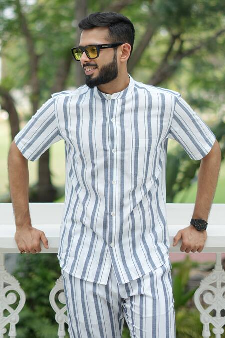 RAAS LIFE_White Cotton Blue Stripe Coord Set _at_Aza_Fashions
