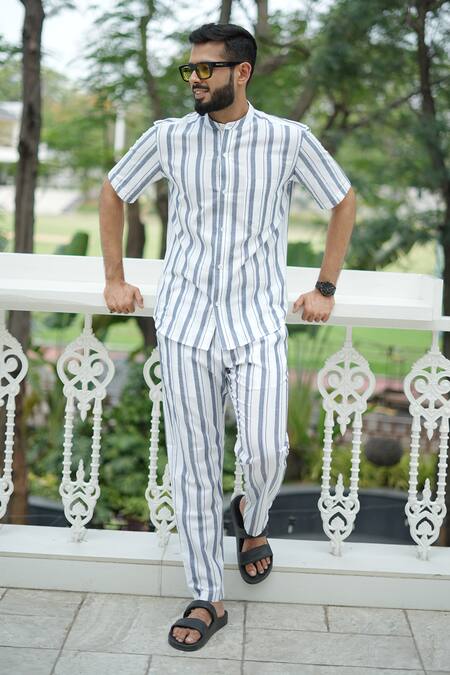 Buy_RAAS LIFE_White Cotton Blue Stripe Coord Set 