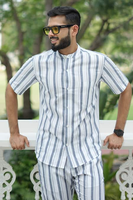Raas Life White Cotton Blue Stripe Shirt 