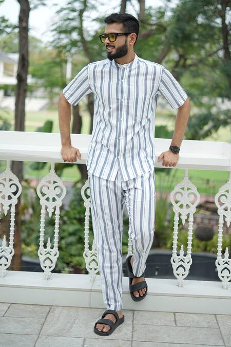 Buy_RAAS LIFE_White Cotton Blue Stripe Shirt _Online_at_Aza_Fashions