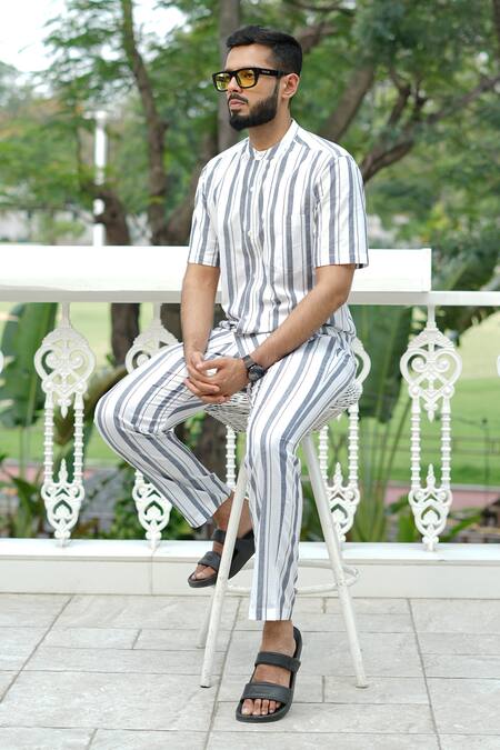 Shop_RAAS LIFE_White Cotton Blue Stripe Shirt _Online_at_Aza_Fashions