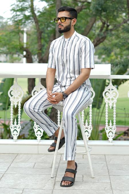 RAAS LIFE_White Cotton Blue Stripe Trouser _Online_at_Aza_Fashions