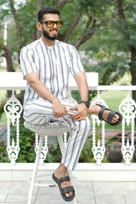 Shop_RAAS LIFE_White Cotton Blue Stripe Trouser _Online_at_Aza_Fashions