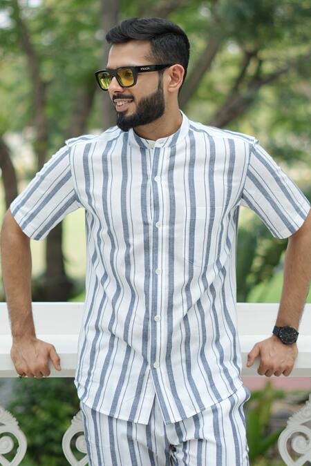 RAAS LIFE_White Cotton Blue Stripe Trouser _at_Aza_Fashions