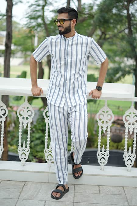 Raas Life White Cotton Blue Stripe Trouser 