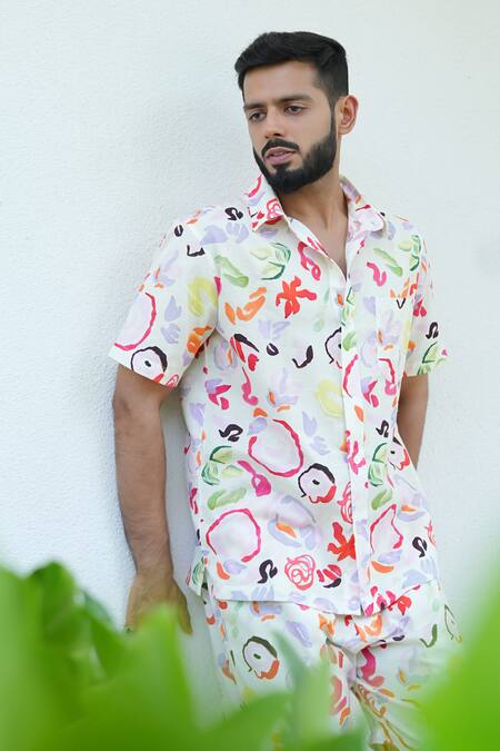 Buy_RAAS LIFE_Pink Linen, Cotton Painted Floral Shirt And Shorts Coord Set _Online_at_Aza_Fashions