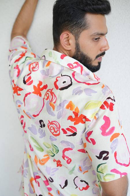 Shop_RAAS LIFE_Pink Linen, Cotton Painted Floral Shirt And Shorts Coord Set _Online_at_Aza_Fashions