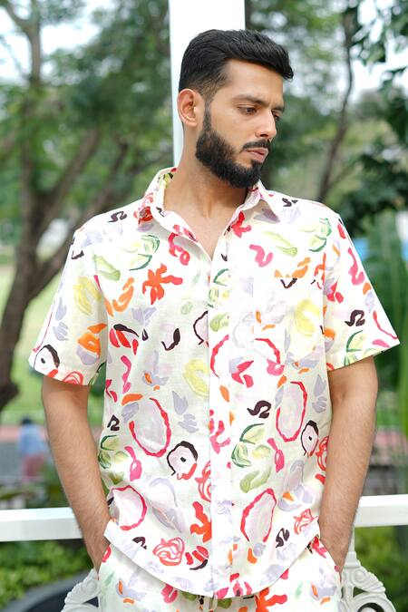 RAAS LIFE_Pink Linen, Cotton Painted Floral Shirt And Shorts Coord Set _at_Aza_Fashions