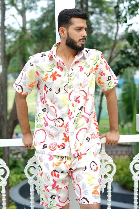 Buy_RAAS LIFE_Pink Linen, Cotton Painted Floral Shirt And Shorts Coord Set 