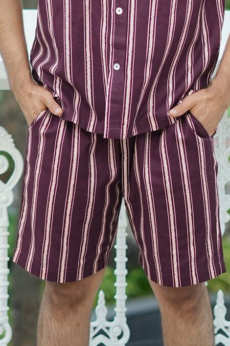 RAAS LIFE_Burgundy Linen, Cotton Stripe Shirt And Shorts Coord Set _Online_at_Aza_Fashions