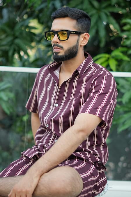 Buy_RAAS LIFE_Burgundy Linen, Cotton Stripe Shirt And Shorts Coord Set _Online_at_Aza_Fashions