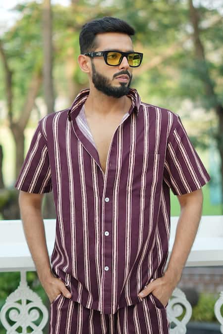 Shop_RAAS LIFE_Burgundy Linen, Cotton Stripe Shirt And Shorts Coord Set _Online_at_Aza_Fashions