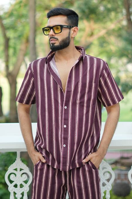 RAAS LIFE_Burgundy Linen, Cotton Stripe Shirt And Shorts Coord Set _at_Aza_Fashions
