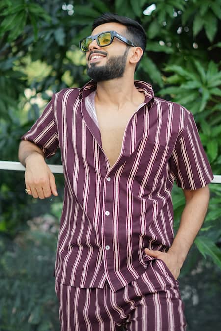 Buy_RAAS LIFE_Burgundy Linen, Cotton Stripe Shirt And Shorts Coord Set 