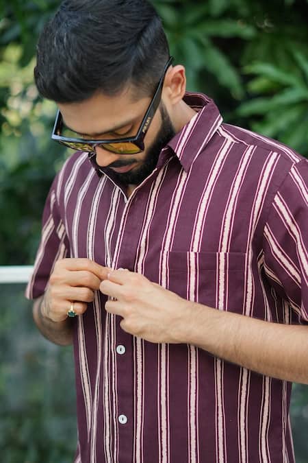 Shop_RAAS LIFE_Burgundy Linen, Cotton Stripe Shirt And Shorts Coord Set 