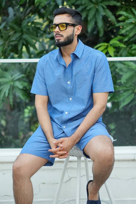 RAAS LIFE_Blue Cotton, Denim Chambray Shirt And Shorts Set _Online_at_Aza_Fashions