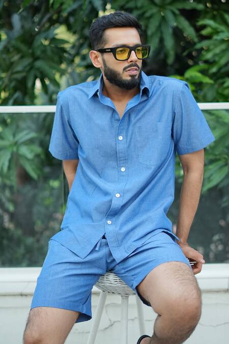 Buy_RAAS LIFE_Blue Cotton, Denim Chambray Shirt And Shorts Set _Online_at_Aza_Fashions