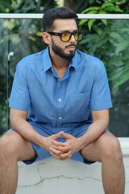 Shop_RAAS LIFE_Blue Cotton, Denim Chambray Shirt And Shorts Set _Online_at_Aza_Fashions