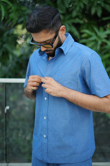 RAAS LIFE_Blue Cotton, Denim Chambray Shirt And Shorts Set _at_Aza_Fashions