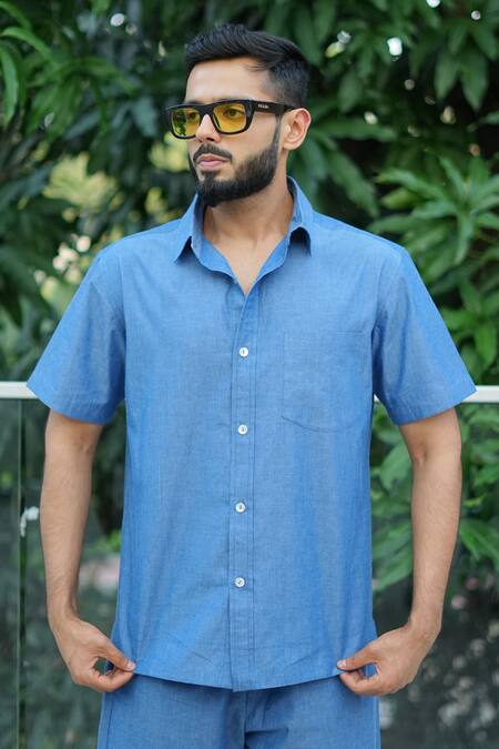 Buy_RAAS LIFE_Blue Cotton, Denim Chambray Shirt And Shorts Set 