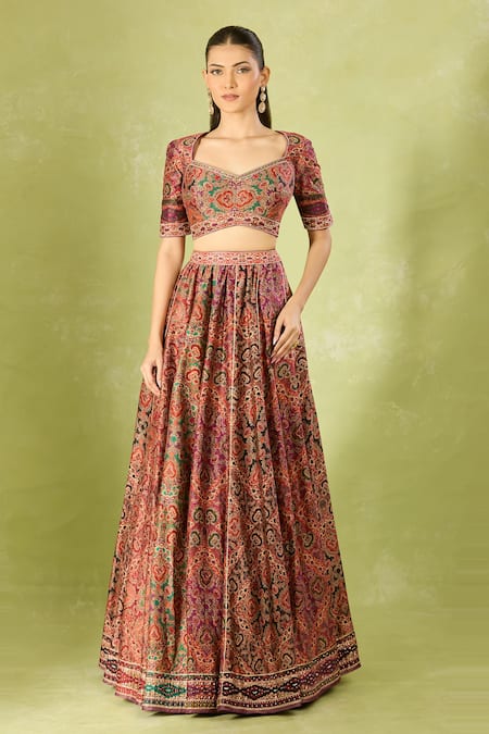 Tarun Tahiliani Multi Color Embroidery Sweetheart Neck Printed Classic Lehenga Set Online at Aza Fashions Tarun Tahiliani_Multi Color Embroidery Sweetheart Neck Printed Classic Lehenga Set _Online_at_Aza_Fashions
