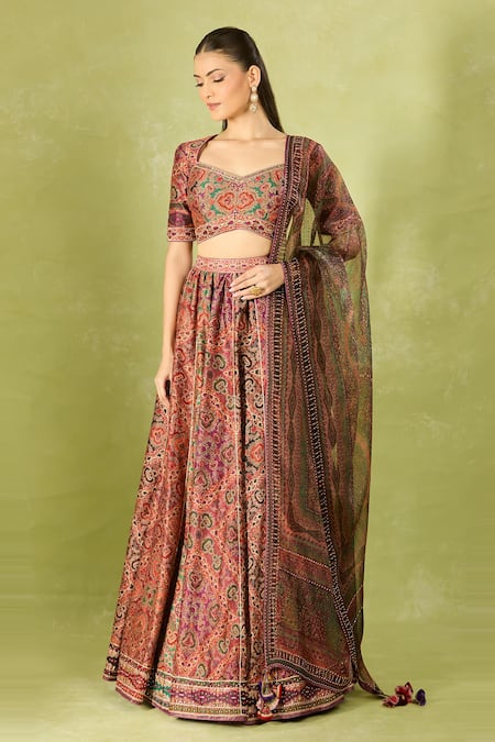 Shop Tarun Tahiliani Multi Color Embroidery Sweetheart Neck Printed Classic Lehenga Set Online at Aza Fashions Shop_Tarun Tahiliani_Multi Color Embroidery Sweetheart Neck Printed Classic Lehenga Set _Online_at_Aza_Fashions