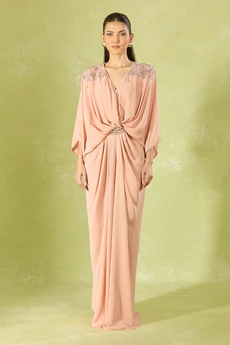 Tarun Tahiliani_Pink Beads, Embroidery V-neck Embellished Blush Maxi Dress _Online_at_Aza_Fashions