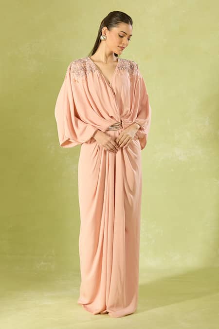 Buy_Tarun Tahiliani_Pink Beads, Embroidery V-neck Embellished Blush Maxi Dress _Online_at_Aza_Fashions