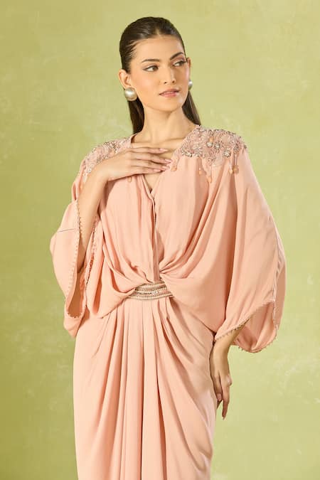 Shop_Tarun Tahiliani_Pink Beads, Embroidery V-neck Embellished Blush Maxi Dress 