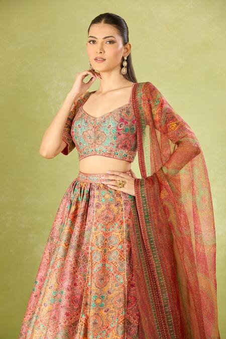 Tarun Tahiliani Multi Color Embroidery, Sequins Square Neck Printed Classic Lehenga Set Online at Aza Fashions Tarun Tahiliani_Multi Color Embroidery, Sequins Square Neck Printed Classic Lehenga Set _Online_at_Aza_Fashions