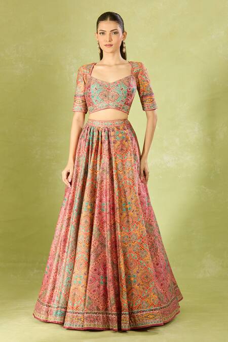 Buy Tarun Tahiliani Multi Color Embroidery, Sequins Square Neck Printed Classic Lehenga Set Online at Aza Fashions Buy_Tarun Tahiliani_Multi Color Embroidery, Sequins Square Neck Printed Classic Lehenga Set _Online_at_Aza_Fashions