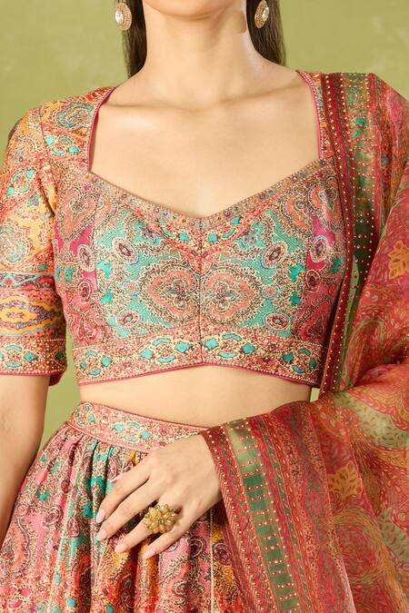 Shop Tarun Tahiliani Multi Color Embroidery, Sequins Square Neck Printed Classic Lehenga Set Online at Aza Fashions Shop_Tarun Tahiliani_Multi Color Embroidery, Sequins Square Neck Printed Classic Lehenga Set _Online_at_Aza_Fashions