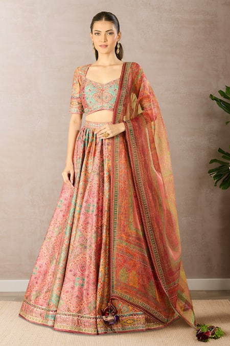 Tarun Tahiliani Multi Color Embroidery, Sequins Square Neck Printed Classic Lehenga Set