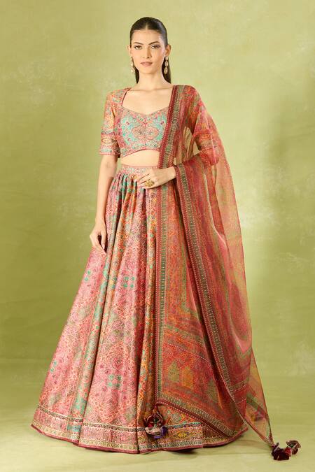 Shop Tarun Tahiliani Multi Color Embroidery, Sequins Square Neck Printed Classic Lehenga Set Shop_Tarun Tahiliani_Multi Color Embroidery, Sequins Square Neck Printed Classic Lehenga Set