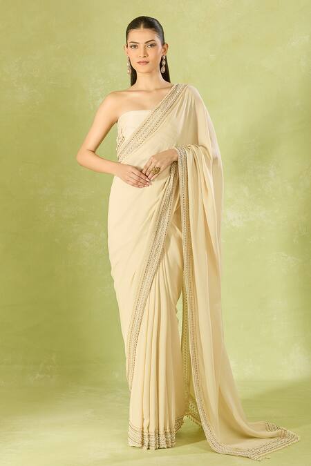 Buy Tarun Tahiliani Ivory Beads Classic Saree Set Buy_Tarun Tahiliani_Ivory Beads Classic Saree Set