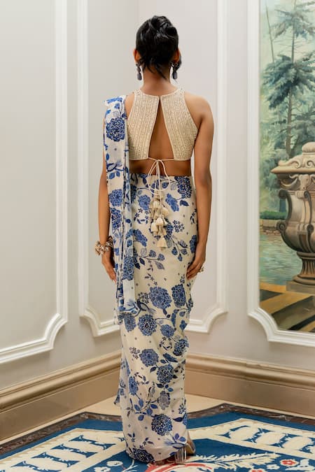 Paulmi And Harsh Blue Floral Print Pre-draped Saree Set 
